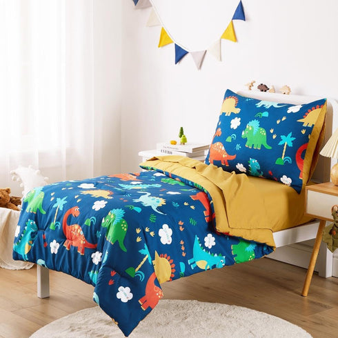 Set 4 Set Wake In Cloud - Dinosaur Toddler Bedding for Boys, Cute Colorful Dinosaurs, Pieces Soft Crib Bed Including