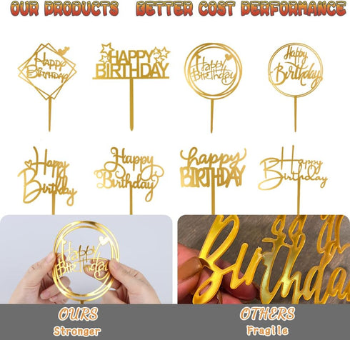 10-Pack Happy Birthday Cake Toppers, Gold Acrylic Cake Supplies, 4inchx6inch