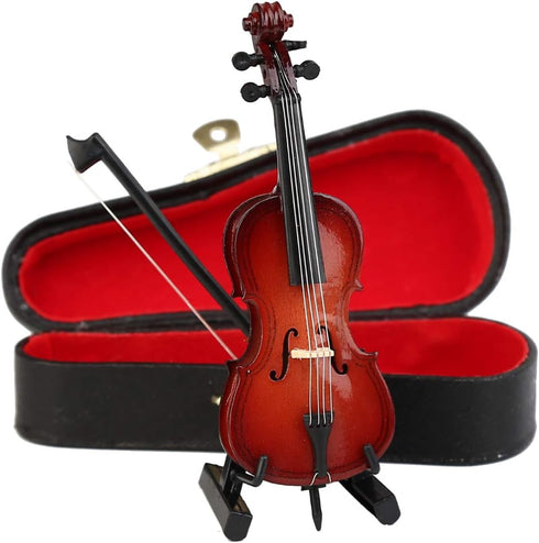 Dselvgvu Wooden Miniature Cello with Stand, Bow, and Case, Mini Musical Instrument Dollhouse Model Home Decoration