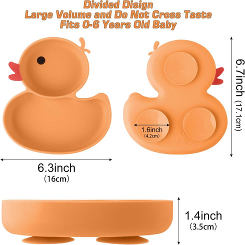Powerful Suction Plates for Baby and Toddler,Baby Divided Plate,Thanksgiving Plates with Fork and Spoon,Duck Baby Plate Non-Slip,BPA Free,Microwave & Dishwasher Safe (Orange) by Qshare