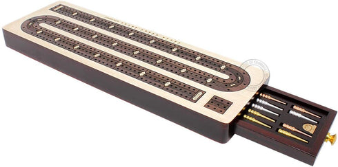 3 Track Continuous Cribbage Board Inlaid in Rosewood, Maple Wood, 12.5 Inches with Storage Drawer for Pegs