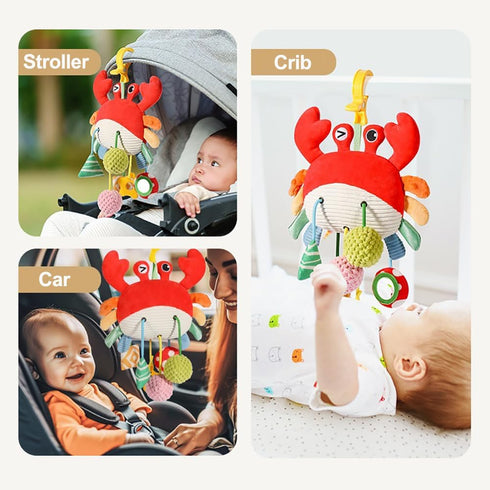 Vamotto 0-12 Crab Car Seat & Stroller Toy for Babies Months, Sensory Hanging Toy with Rattle, Mirror, Squeaker