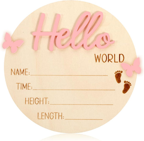 YQQYG Wooden Baby Name Announcement Sign for Nursery, Pink Hello World Newborn Nursery