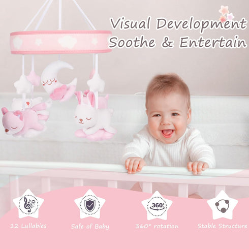 12 3 Crib Mobile for Girls, Baby Mobile for Crib with Lullabies Digital Musical Box, Modes, Volume & Songs Control