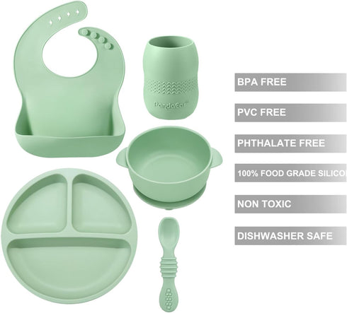 PandaEar Silicone Baby Feeding Set 6-12 Months| Baby LED Weaning Supplies| Infant Toddler Feeding Set| Silicone Baby Bib + Baby Plate with Suction + Baby Cup + Baby Bowls and Spoon First Stage Set by PandaEar