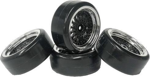 4PCS 1/10 RC Drift Car Tires, Smooth Hard Tyre Plastic Plating Wheel Rims Set for Traxxas HSP Tamiya HPI Kyosho On-Road