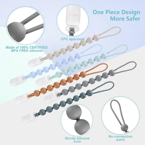 6-Pack Silicone Pacifier Clips for Baby Boys and Girls - One-Piece Beads, Rust-Free Holders, Teething Relief, Baby