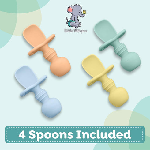 LittleWhispers Baby Silicone Spoons - Self Feeding 6 Months, Infant, Toddler & Kid Friendly Utensils, 4 Pack