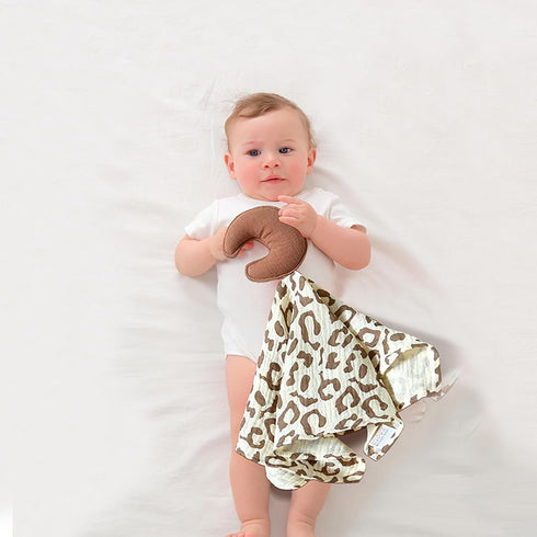 Lovey Blanket for Boys and Girls, Organic Cotton Muslin Security Blanket for Babies, Soft Breathable Lovie Soothing Towel for Newborn and Infant (Brown| Star & Moon) by ATONGQI