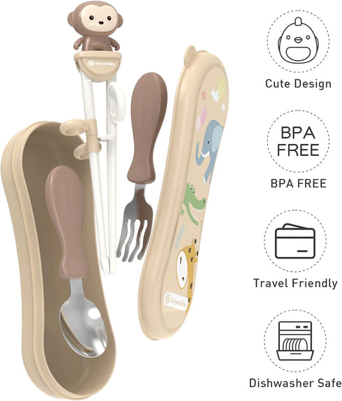 Toddler Utensils Set with Stainless Steel Kids Silverware, Baby Spoon, Fork, Training Chopsticks & Case for Self Feeding