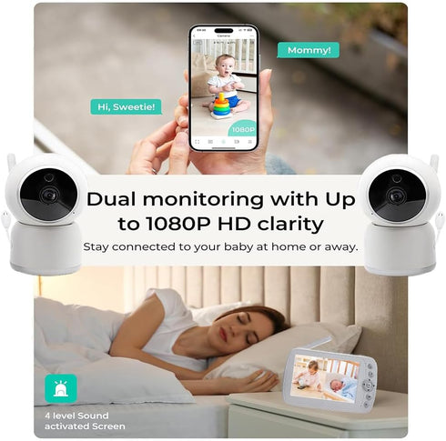 XINYADA App,5-inch 720p 1080p 2-Way Upgraded Smart Baby Monitor with Video and Audio, Dual Mode Remote,Free Smart Phone