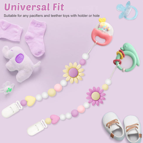 2 Pack Silicone Pacifier Clip for Boys and Girls, One-Piece Design, Adorable Sunflower Holder for Baby Teethers