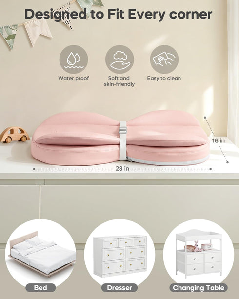 Table,28"X16",Pink Baby Changing Pad with Waterproof & Wipe-Clean, Non-Slip PU Diaper Changing Pad, Adjustable Safety