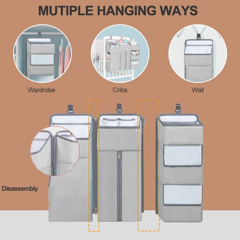 Hanging Diaper Caddy Organizer for Baby Crib - 3-in-1 Portable Diaper Stacker for Nursery Storage (Light Grey)
