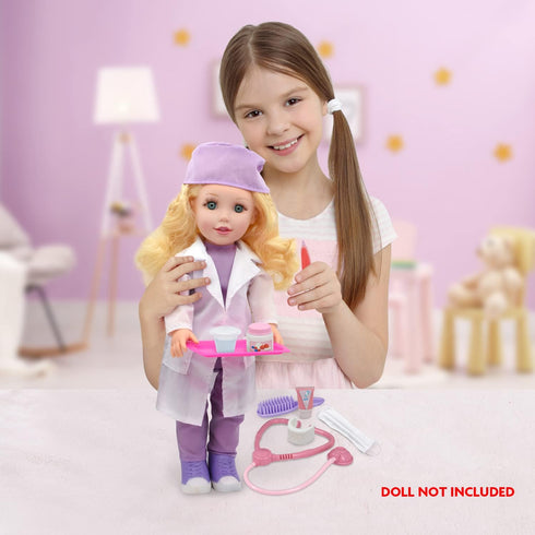 New Adventures Style Girls 18" Doctor Dress Up Set - 15 Piece Outfit & Accessory Set, Dress Up, Purple White & Pink
