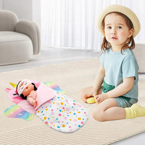 Baby Doll Sleeping Bag Toy Playset, Rainbow Unicorn Doll Bedding Accessories with Eye Mask for 12 Inch Doll