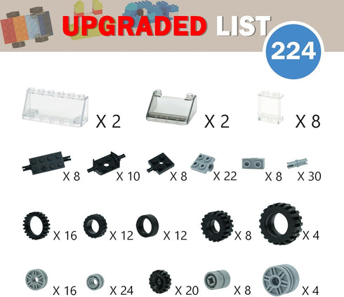 Sets, 224pcs MALEKO Wheels and Axles Car Parts and Pieces Tires Accessories Building, Construction Bulk Bricks