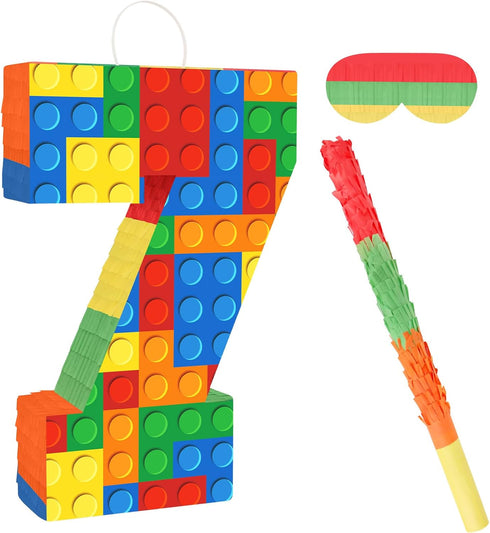 Lemicin Number 7 Pinata Building Blocks with Pinata Stick Blindfold 7th Birthday Party
