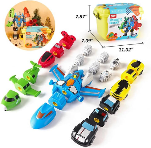 SOMMER 5-in-1 Magnetic Vehicles Toy Playset, Mix and Match STEM Stacking Assembling Car Kit with Storage Box for Kids