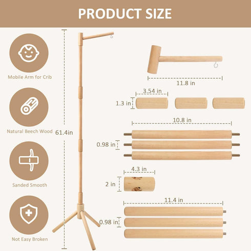 61.4 Inch 100% Floor-Standing Crib Mobile Arm - Wooden Mobile Arm for Crib - Movable Baby Mobile Hanger with Strong