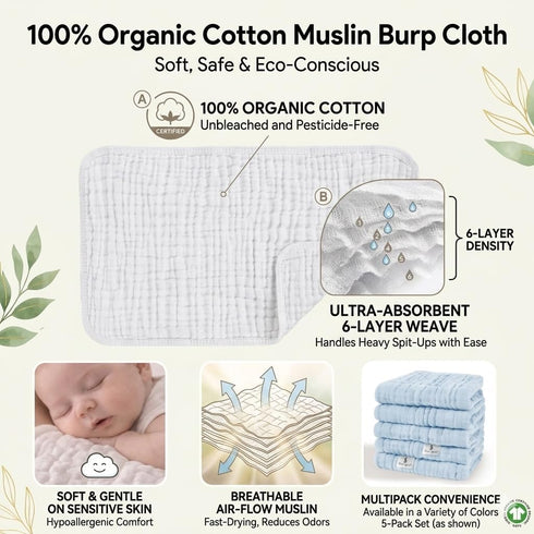 Jeans Squad 6 Pack 100% 20''x10'' 6-Layer Organic Cotton Muslin Burp Cloths Cotton Muslin Cloths Large Extra Soft