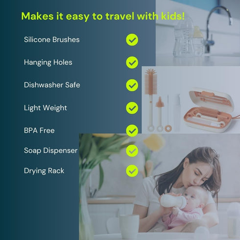 Travel Bottle Cleaner Kit, 7 in 1 Baby Travel Essential Silicone Brush Set, Nipple, Drying Rack, Straw, Organizer Case