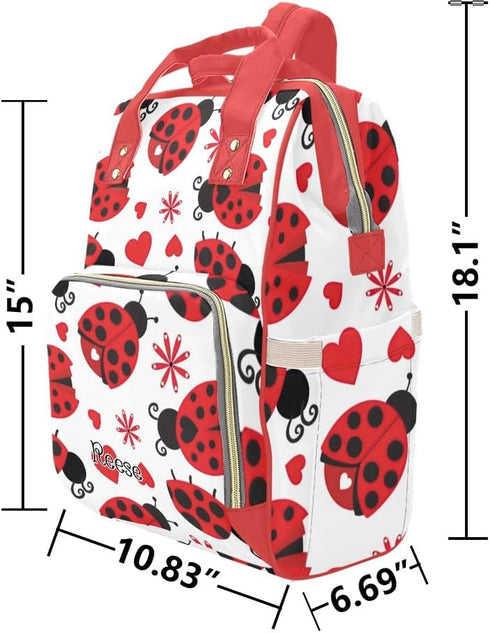 NZOOHY Backpack Mommy DayPack Red Hearts Ladybird Personalized Diaper Bag with Name,Custom Bag Nursing Baby Bags Travel