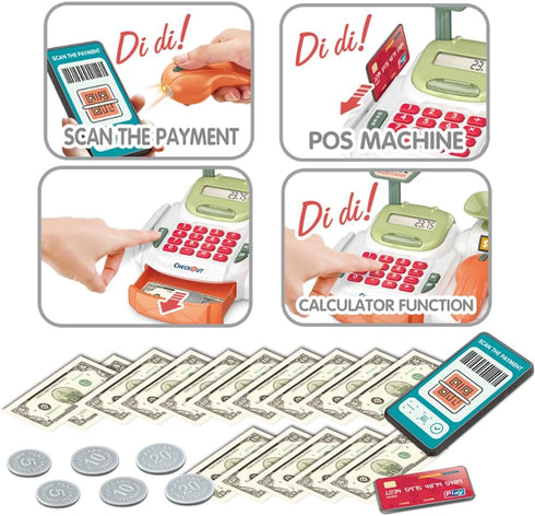 yoliyogo Playset Pretend Play Cash Register Toy with Functional Caculator Cashier Scanner Toy Supermarket with Simulate