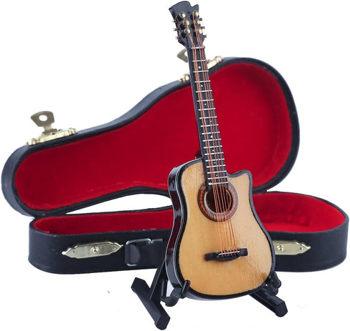 Dselvgvu Wooden Miniature Guitar with Stand and Case, Collectible Musical Instrument Replica