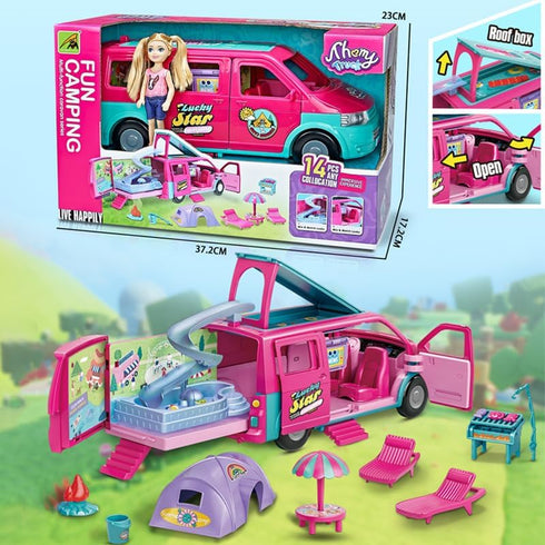 Doll Camper Van Playset for Girls, Portable Doll Car Play with Doll Furniture, Pool & Accessories