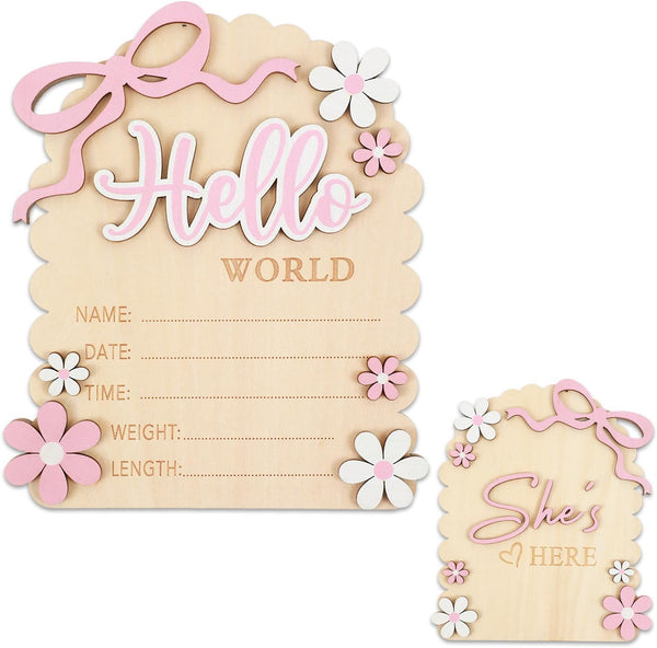 Matwsec Hello World Newborn Sign Baby Name Sign Bow Birth Announcement Signs for
