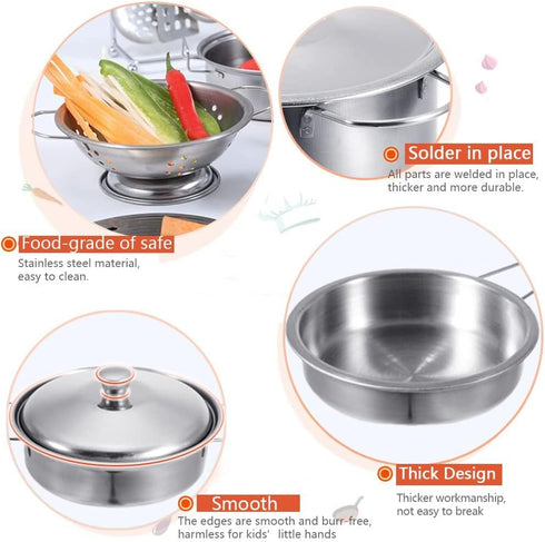 Play Pots and Pans Toys for Kids Kitchen Playset with Mini Stainless Steel Cooking Utensils for Toddlers & Girls