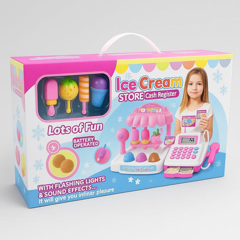 Ice Cream Store Mini Cash Register with Pretend Play Desserts, Working Scanner, Calculator, Microphone, Money