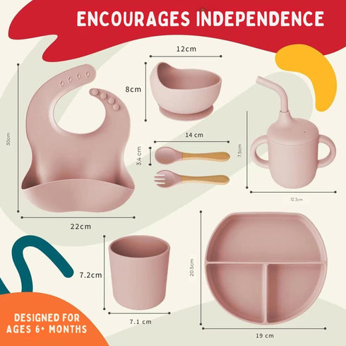 Set Set Tygo Silicone Baby Feeding Complete Self-Feeding with Suction Plate, Spill-Proof Bib, Wooden Spoon & Fork