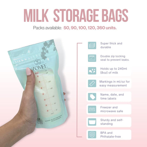 8oz Pack 120 Zomee Breast Milk Storage Bags Leakproof Double-Zip Seal, Self-Standing, Easy-Pour Design, Freezer Safe