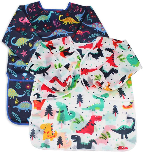 Kids Art Smocks 2 Pack, Dinosaur Painting Apron for Children, Waterproof Artist Smock with Long Sleeve and Pockets