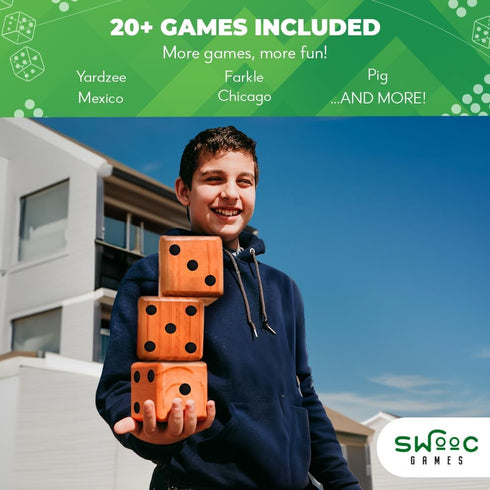 SWOOC Games Yardzee, Farkle & 20+ Games - Light-Weight Yard Dice Game Set with Collapsible Bucket, Score Cards