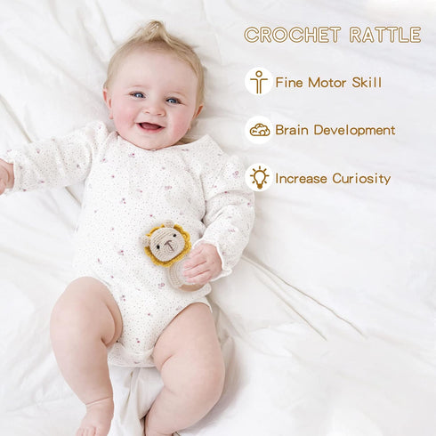Wooden Baby Rattle Crochet Lion, Handmade Newborn Toy for Early Development Grips Stuffed Animal Organic Rattle