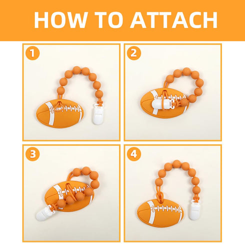 Baby Food Grade Silicone Sport Ball Teether Toy with Pacifier Clip Holder, Teething Relief Gift Set, American Football