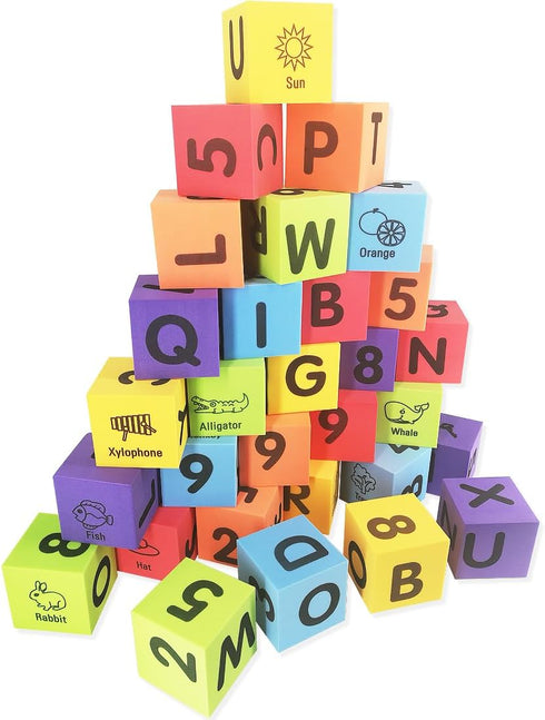 Toddlers,30 2-inch 123 MOBU Foam Building Blocks for pcs Alphabet Letters Number Blocks with Storage Bag, Learning ABC