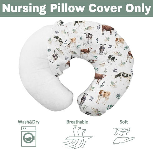 Watercolor Cows Boho Leaves Baby Nursing Pillow Covers for Boy Girl Cow Cattle Breeds Green Leaves Nursing Slipcovers