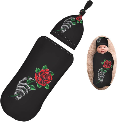 Skeleton Hand Holding Rose Newborn Swaddle Blanket Soft Unisex Infant Swaddle Wrap Blanket Baby Receiving Blanket with Beanie Hat for Boy and Girl by AuHomea