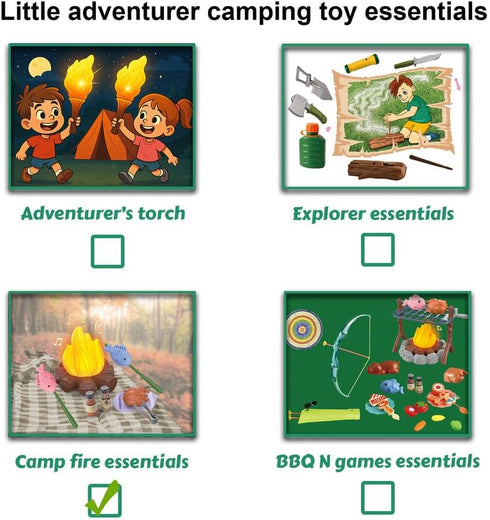 Set: 3,4,5,6 Educational Kids Camping Fake Campfire with Grill Sticks, Pretend Play Food, and Grill Kit - Perfect