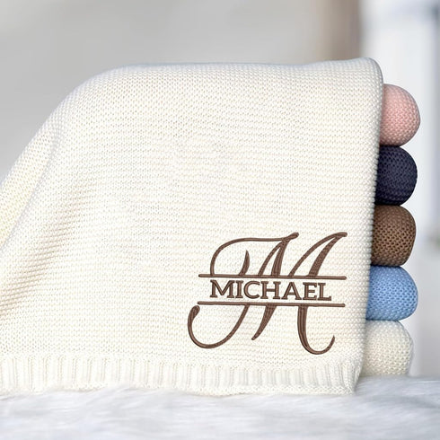Monogrammed 2 Luxury Personalized Knit Embroidered Baby Name Blanket Custom Embroidered Cotton Nursery Blanket Gifts