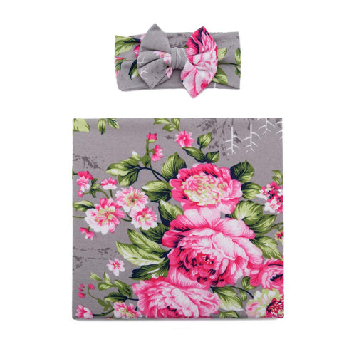 Galabloomer Newborn Receiving Blanket Headband Set, Baby Flower Rose Swaddle with Big Bow, Gray
