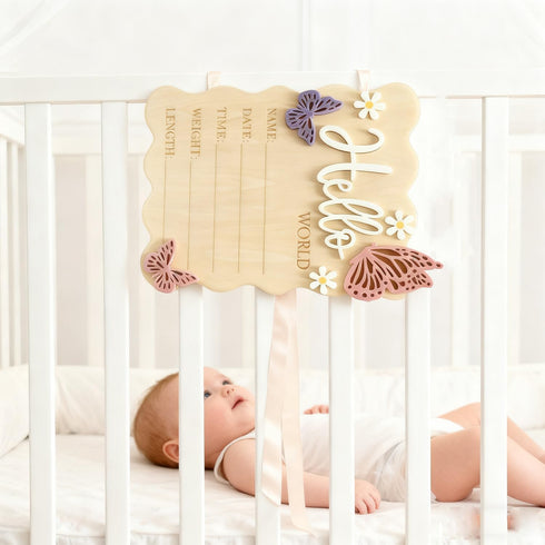 Wooden Birth Announcement Sign - Butterfly Daisy Hello World Newborn Baby Name Birth Stats Board, Floral Nursery Decor
