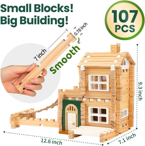 107 4-8 Jovi-mindlyNotchies Pcs Wooden Blocks Toys with Door and Windows,Classic Old Fashioned Toys,Wooden Building