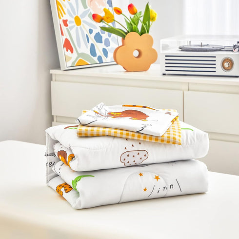 4 Set Flysheep Piece White Toddler Bedding for Baby Girls and Boys, Cute Animals Printed - includes Quilted Comforter