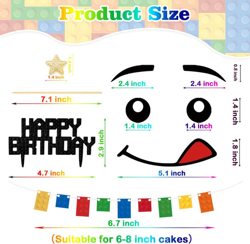 Building Blocks Cake Topper, 3D Print Character Face Design Star Flag Banners Bunting Banner Party Supplies for Boys