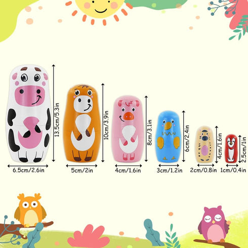 Winterworm Set of 6 Farm Animal Nesting Dolls Cow Cattle Pig Chick Horse Bird Wooden Russian Doll Wooden Matryoshka Dolls for Easter Christmas Birthday Kids Stacking Toy Gift Home Decoration